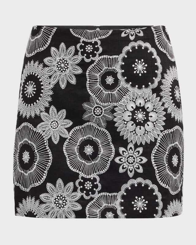 Floral-Embroidered Straight Mini Skirt